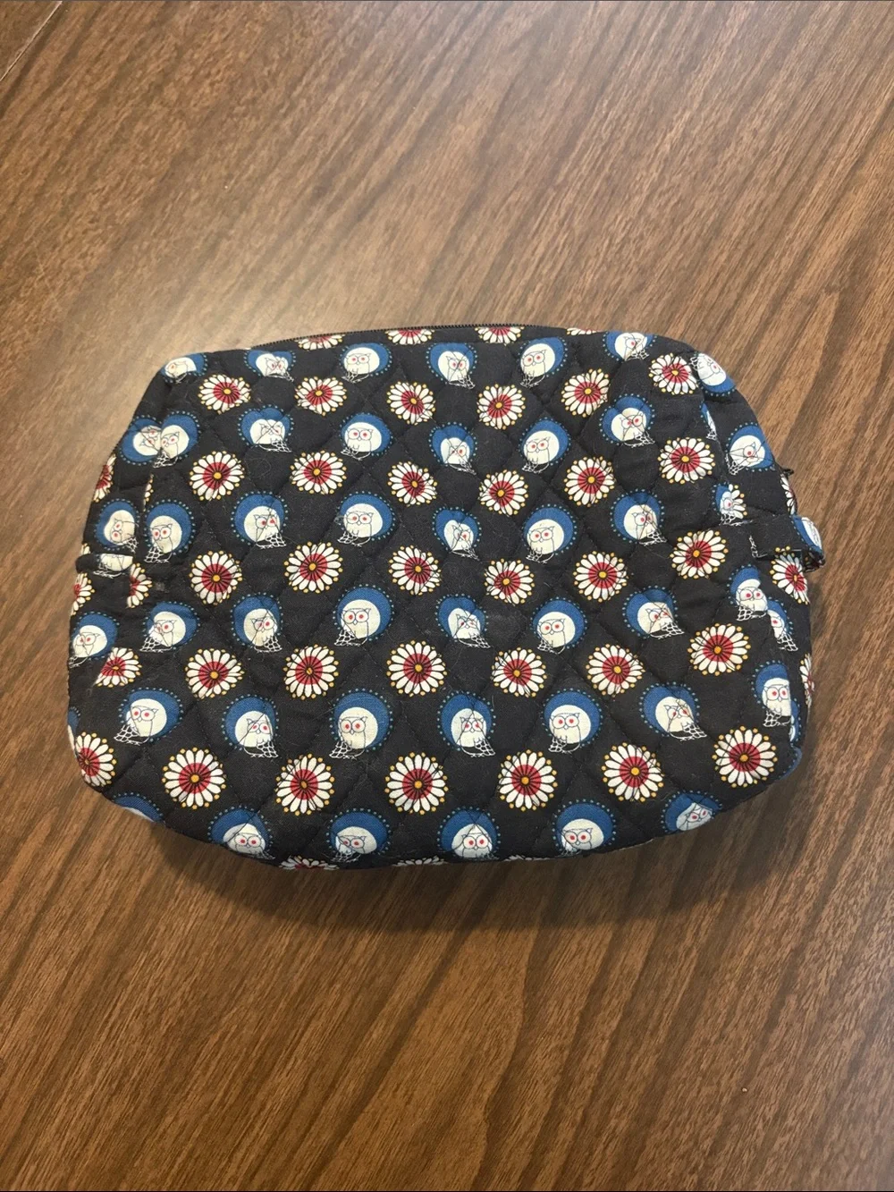 Vera Bradley Libby Travel Cosmetic Bag Night Owl Black Quilted Pouch Floral